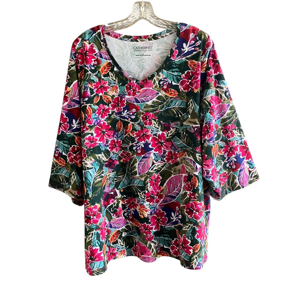 Catherines Suprema Collection Top Colorful Artsy Tropical Floral 0X V-Neck